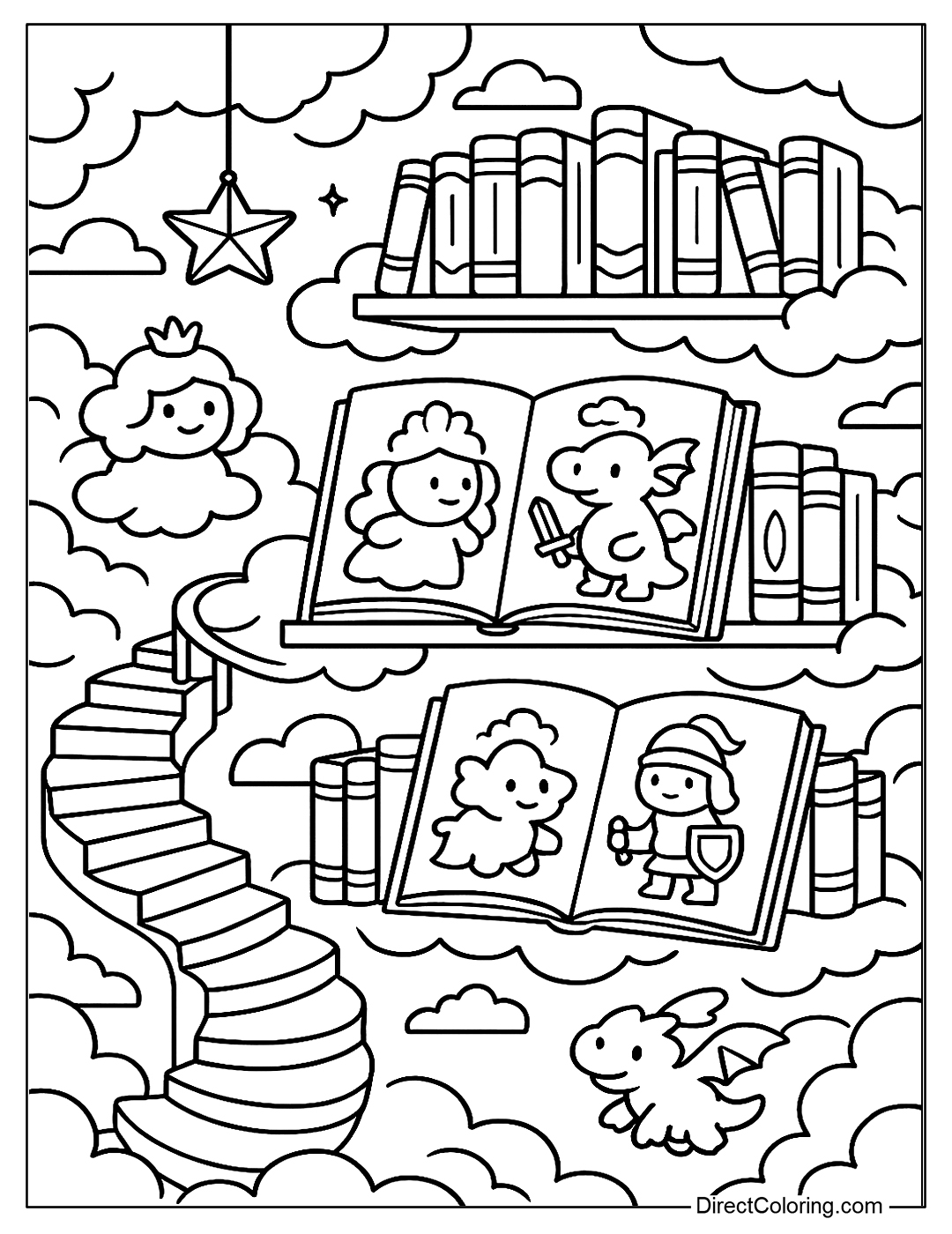a cloud library with a floating bookshelf, containing cloud books telling fairy tales coloring page